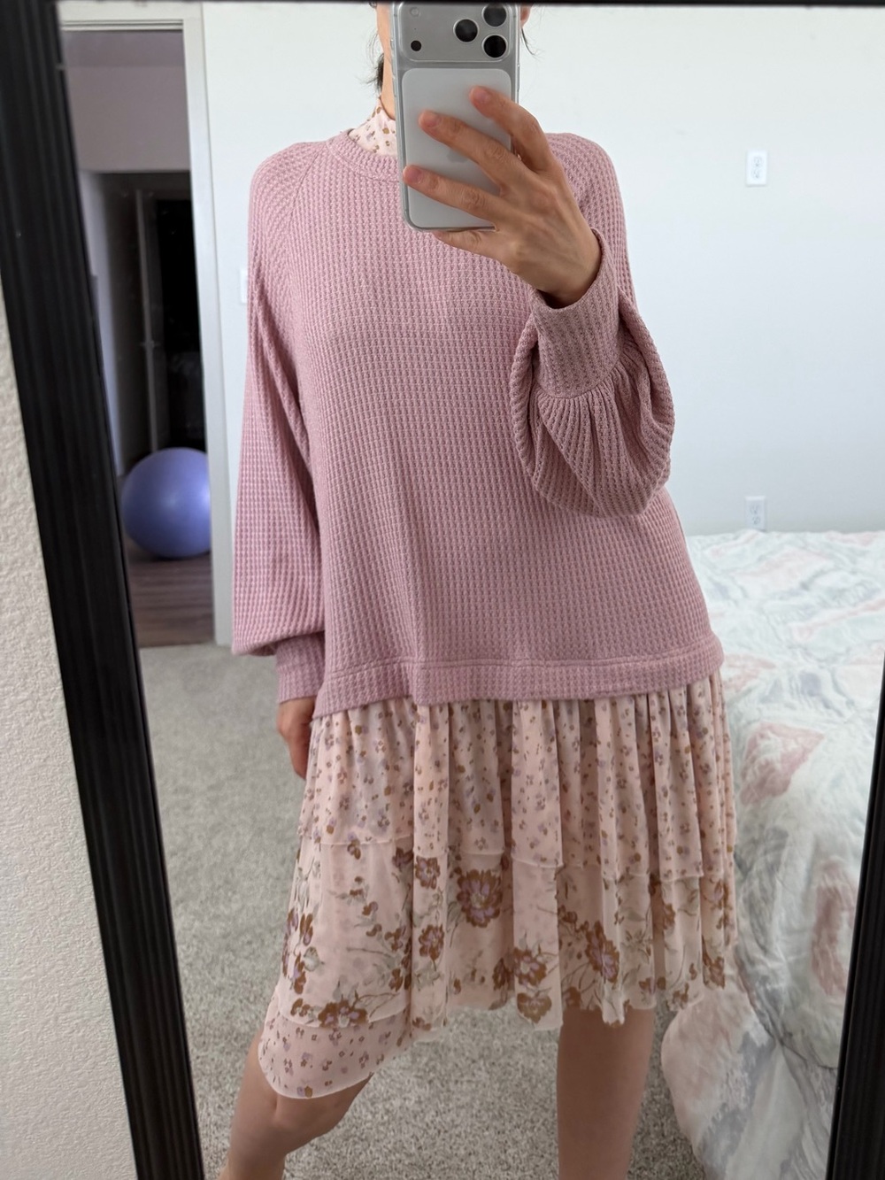 Free People Dusty Mauve Waffle Knit Dress with Floral Mesh Lining Size L